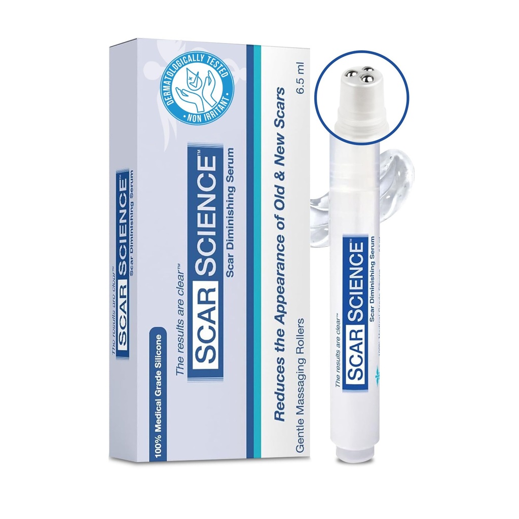 100% Silicone Scar Gel Cream Serum - Silicone + Massage Power Duo Scar Terapi w / Tri- Roller Tip til Kirurgisk, C- sektion, Acne, Burn & Keloid Bump Scars - Hypoallergen & Fragrance Free