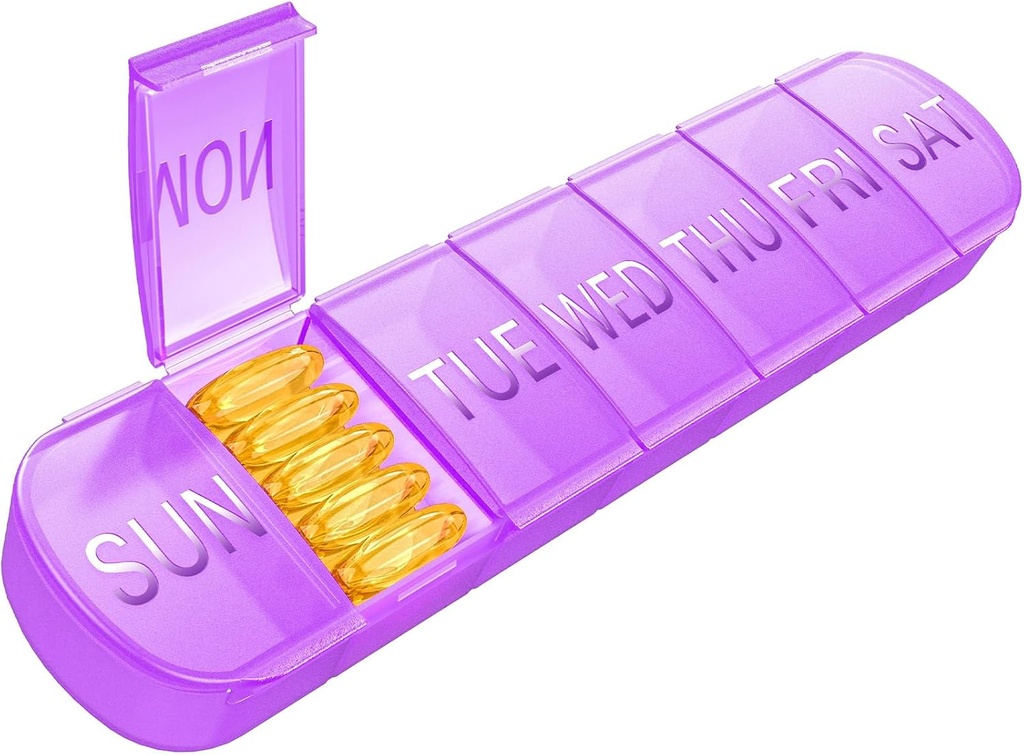 Ugentlig Pill Organizer 1 gang om dagen, Rejser Pill Box 7 Dag Ekstra store kompartmenter Vitamin Holder, Daglig Pill Container 7dag XL Medicin Dispenser for Fish Oil Case (lilla)