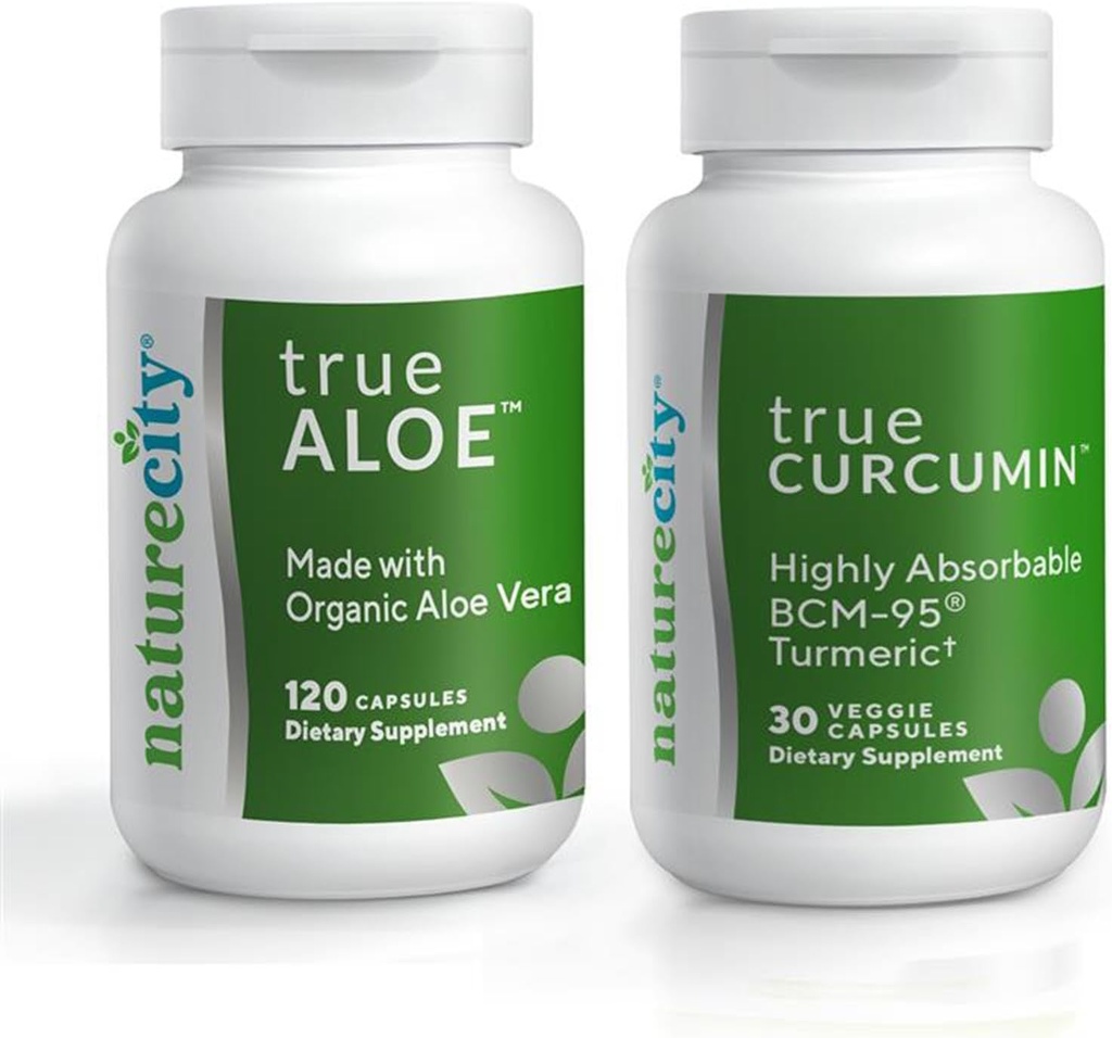NatureCity Joint Support Bundle 124; True-Aloe Lavet med Organic AloeVera, 120 Kapsler + True-Curcumin med 500 mg stærkt Absorbable BCM- 95 Curcumin + Turmerisk Essential Oil, 30 Kapsler