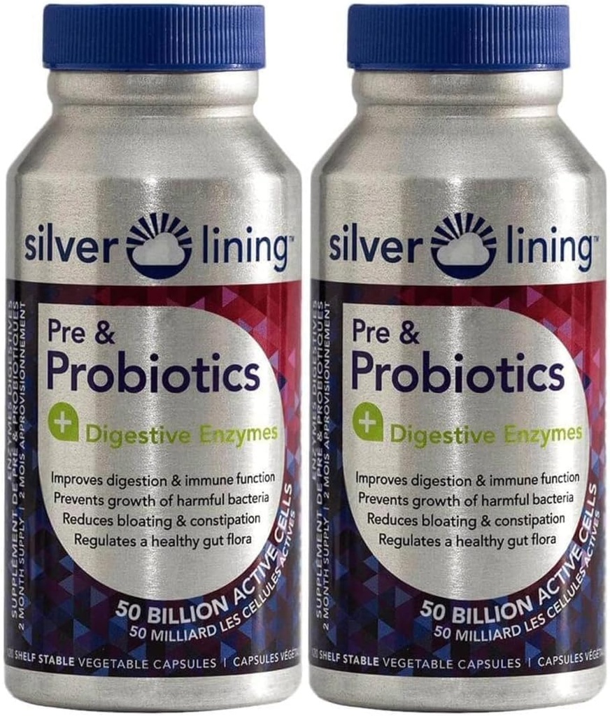 Sølv Lining Pre & Probiotics + fordøjelsesfremmende enzymer • 124; 50 Millioner CFU / aktive celler • 124; fordøjelsesfremmende & immunfunktion Support, Reducerer bloating • 124; Shelf- stable Formel • 124; 240 Tæl (pakke med 2)