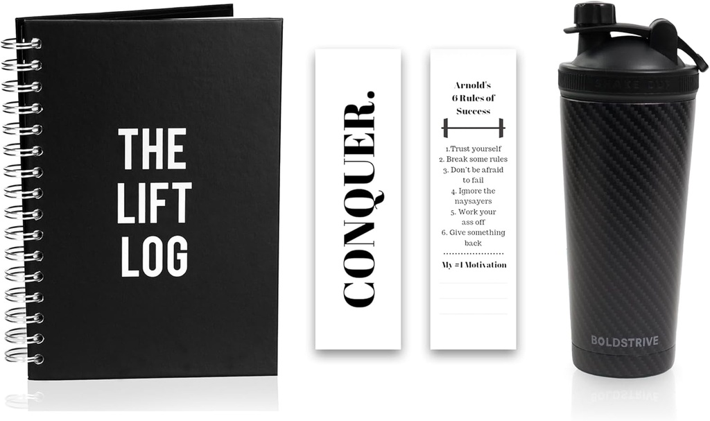 Rustfrit stål Protein Shaker Flaske, Isoleret vandflaske med sort kulfiber Wrap & workout Journal med bogmærke - 6 Måned Undated Daily Fitness Journal