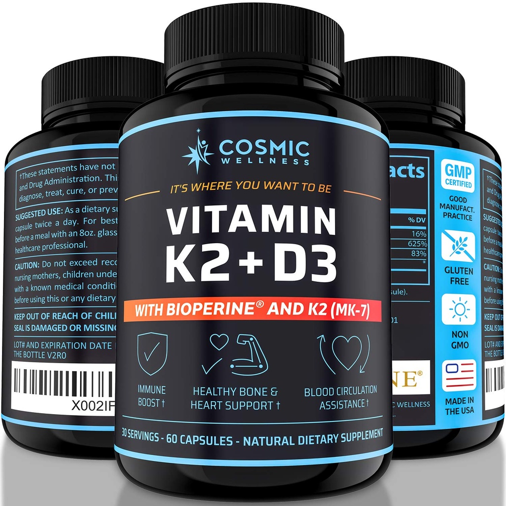 K2 D3 Vitamin Supplement 5000 Iu - for sundere knogler, blod, hjerte og bedre immunitet - Forbedret Calciumabsorption med Bioperine - 100% Natural og Allergen- Free - Vitamin D3 K2 Mk7 5000 Iu