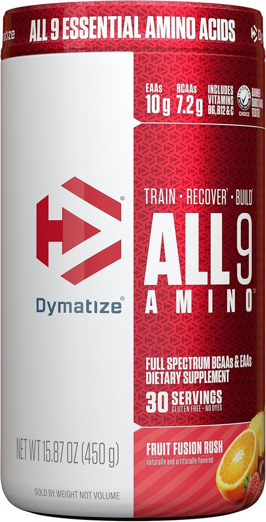 Dymatize All9 Amino, 7,2g af BCAA, 10g af fuld spektrum essentielle Aminosyrer Per Serving for Recovery og Muscle Protein Syntese, Fruit Fusion Rush, 30 Servering, 15.87 Ounce