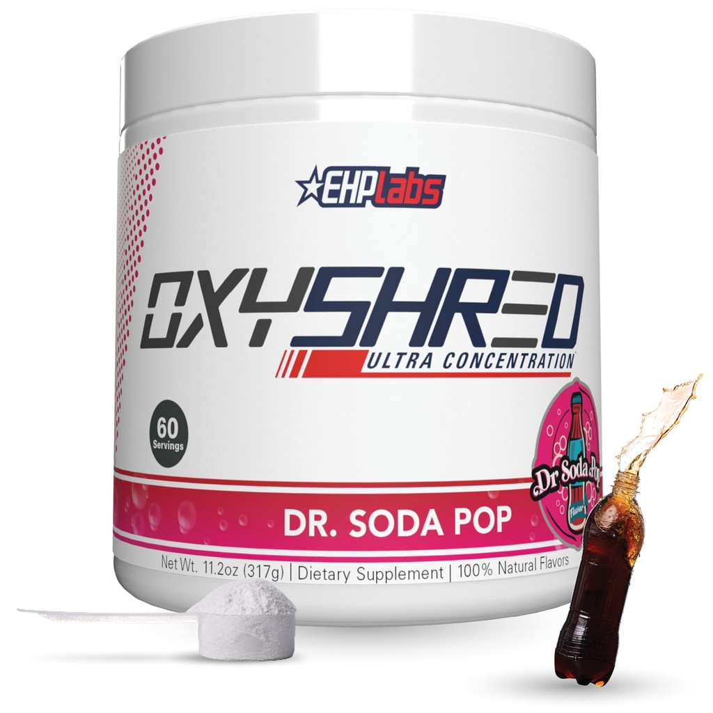EHP Labs OxyShred Thermogen Fat Burner - Pre- Workout Powder med L- Glutamin, Acetyl L- Carnitin, Metabolisme Booster, Vægttab, Appetite Control, Energy Drink, Dr. Soda Pop, 60 Servering