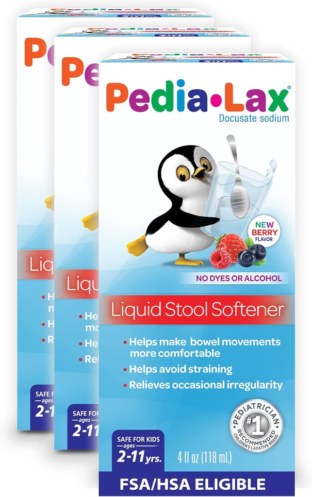 Pedia-Lax Liquid Stool Softener for Kids, Ages 2-11, Berry Flavor, 4 Fl Oz (Pack of 3) Packaging may vary