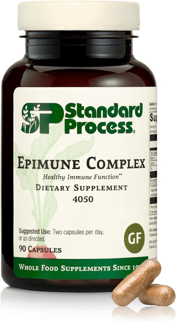 Standard Process Epimune Complex - Vegansk immunsystem support - Luftveje og immunforsvar supplement med Maitake & Tyrkiet Tail svampe - Vegan, Vegetar & Gluten- Free - 90 kapsler