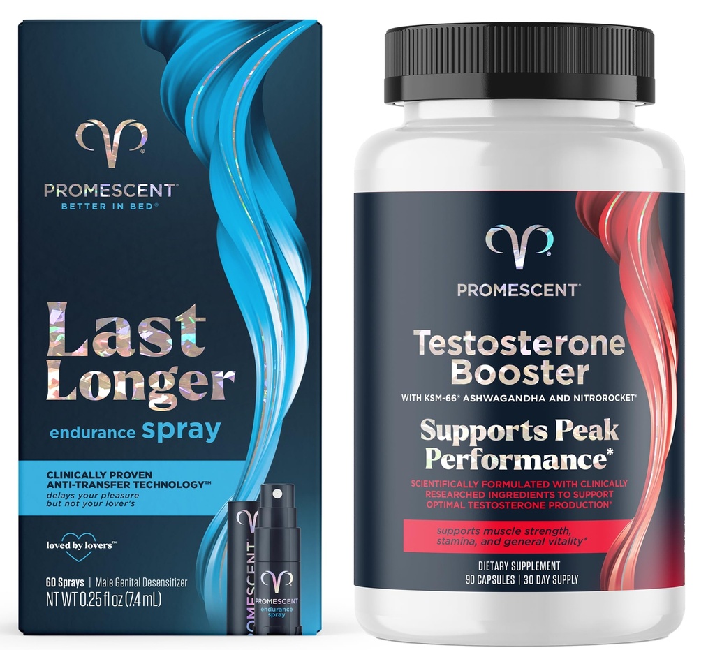 Promescent Delay Spray til ham (7.4 ml) + Testosteron Booster til mænd tillæg med Tongkat Ali (LongJack), KSM- 66 Ashwagandha, Horny Geat Weed, Energy, Stamina