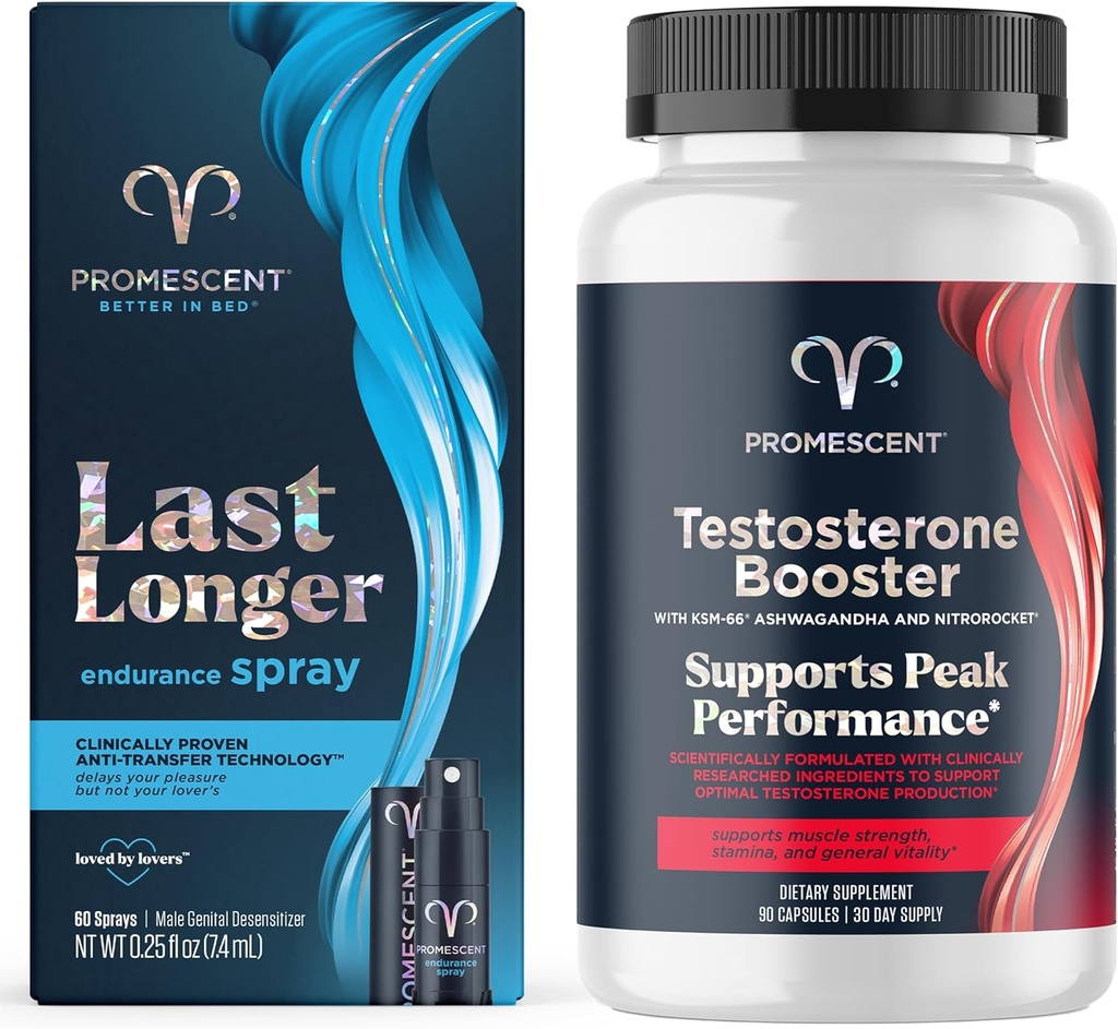 Promescent Delay Spray til ham (7.4 ml) + Testosteron Booster til mænd tillæg med Tongkat Ali (LongJack), KSM- 66 Ashwagandha, Horny Geat Weed, Energy, Stamina