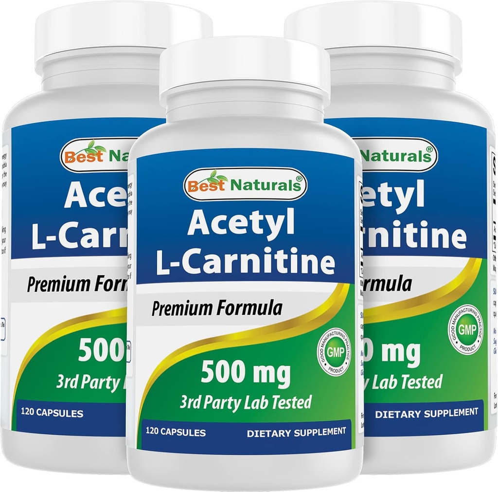 Bedste Naturals Acetyl L- Carnitin (ALACAR) 500mg, 120 Kapsler, 120 Servering - Non-GMO og Gluten Gratis, 1 Kapsel pr Servering (3 Pack)