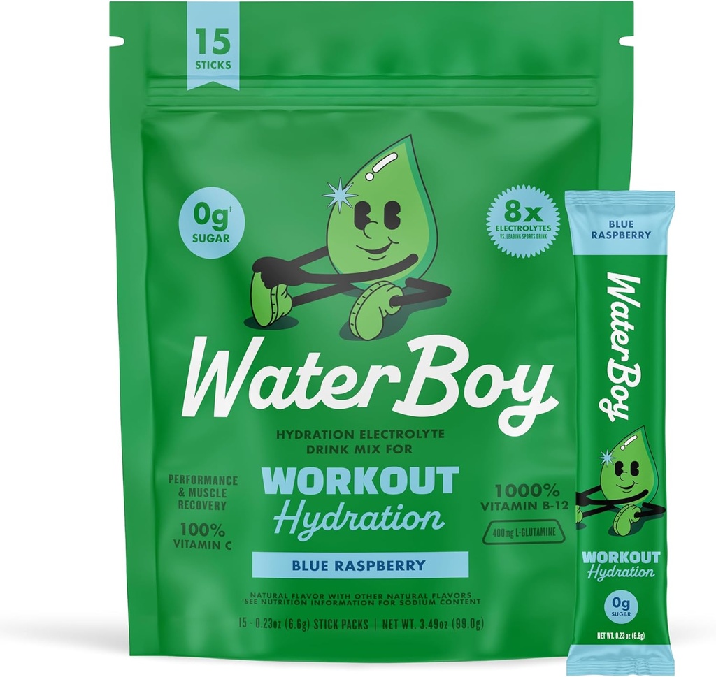 Waterboy workout Hydration • 124; 2,960mg sukker fri elektrolyte pulver packets • 124; L- Glutamin + Vitamin • 124; Ingen sukker, alle naturlige, Gluten fri • 124; 15 Drink Stick mix (Blå Hindbær)