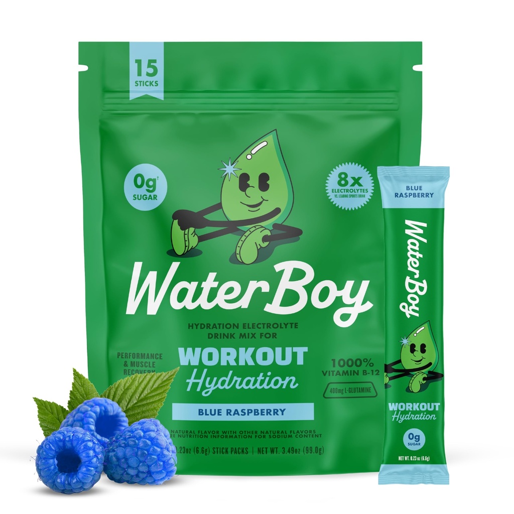 Waterboy workout Hydration • 124; 2,960mg sukker fri elektrolyte pulver packets • 124; L- Glutamin + Vitamin • 124; Ingen sukker, alle naturlige, Gluten fri • 124; 15 Drink Stick mix (Blå Hindbær)