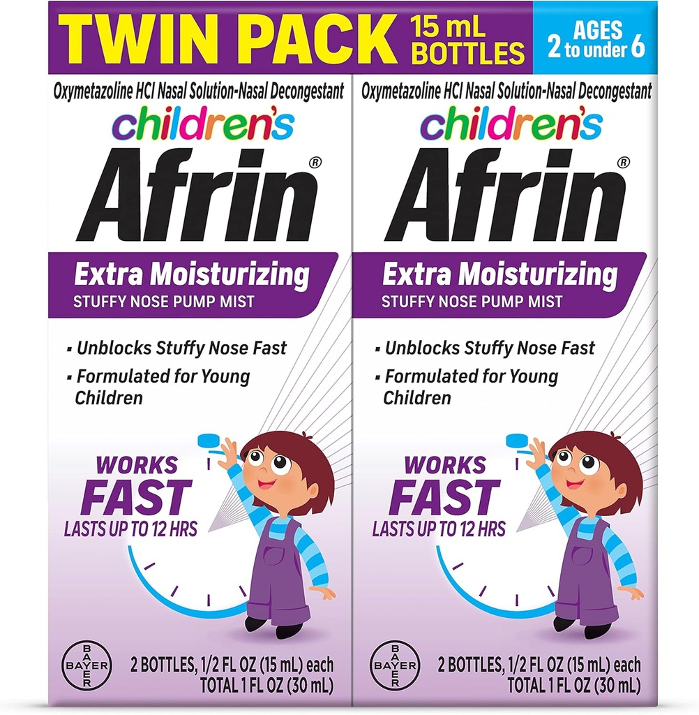 Afrin Children 's Extra Moisturizing Nasal Mist, Non- Drowsy, Fast- Fungerende Decongestant for op til 12 timers Stuffy Næse Relief, Børn i alderen 2 til 6, .5 fl oz (Pack of 2)