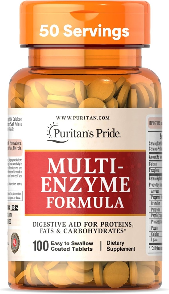 Puritans Pride Multi- Enzyme Formel, fordøjelsesstøtte til proteiner, fedtstoffer og kulhydrater, Kosttilskud til fordøjelse og sund Gut Support, 50 dages forsyning, 100 Let at synke overtrukne tabletter