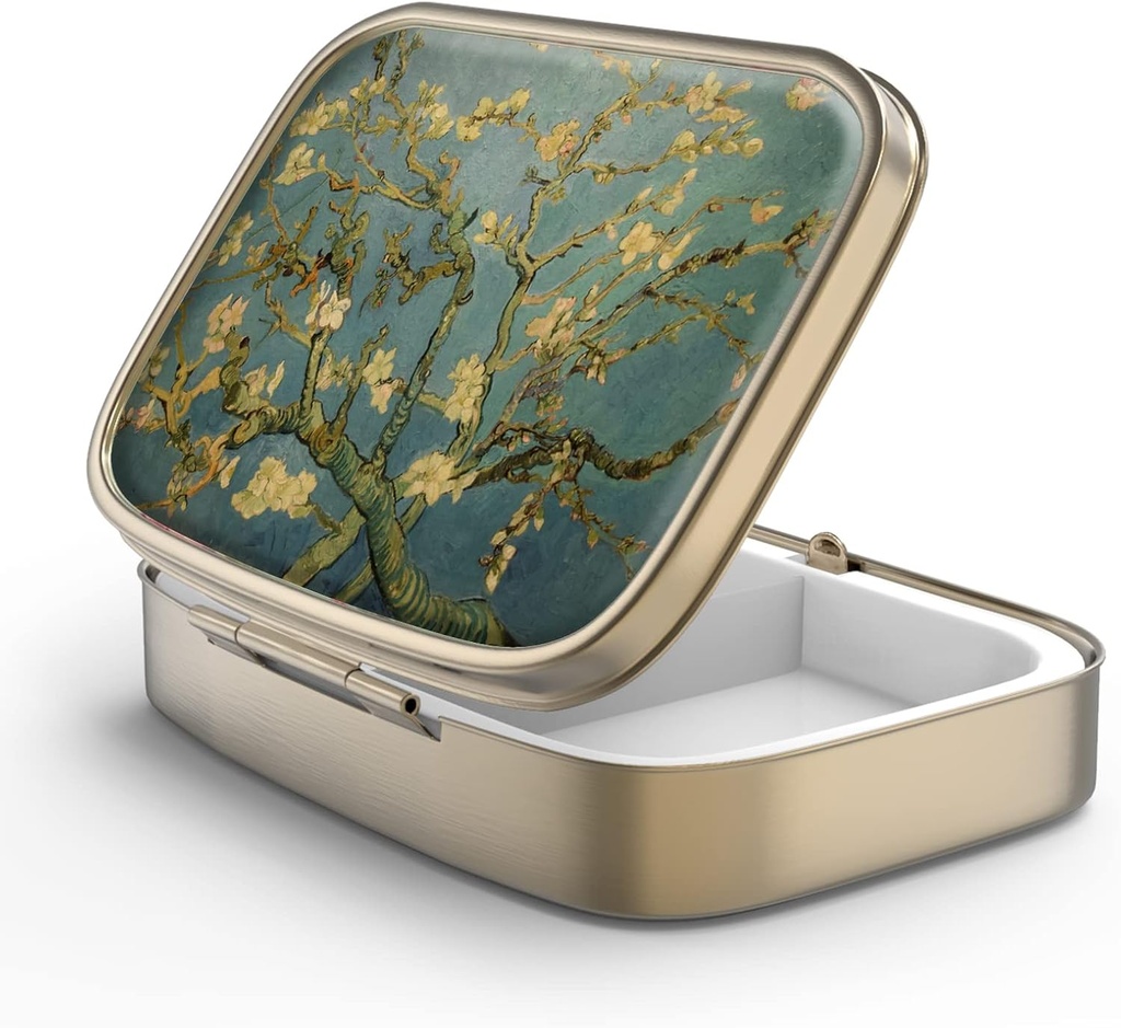 Pill Case Pill Box med spejl Retro 2 Segment Lille Pill Case til purse eller Pocket Bronze Rektangulær Pill Box eller Vitaminer, Fish Oil, Kosttilskud, Pill Containe Rejse Gaver Fordele Vangogh Art