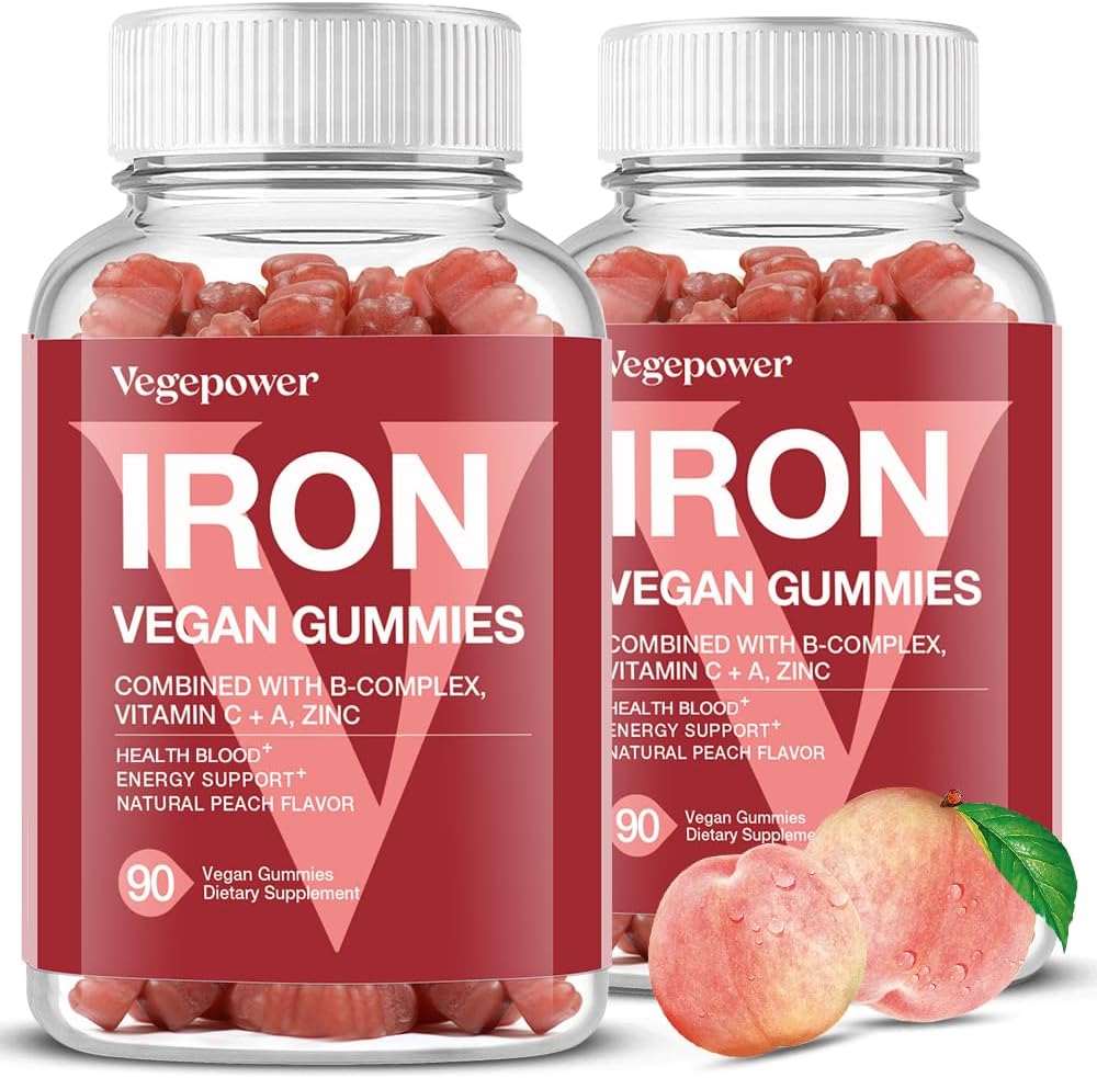 Vegansk jerngummies Supplement - Multivitamin supplement med vitamin C, A, B & Zink - Health Blood & Energy Support for Iron Deficiency, Anæmi, No After Taste - Peach Flavor