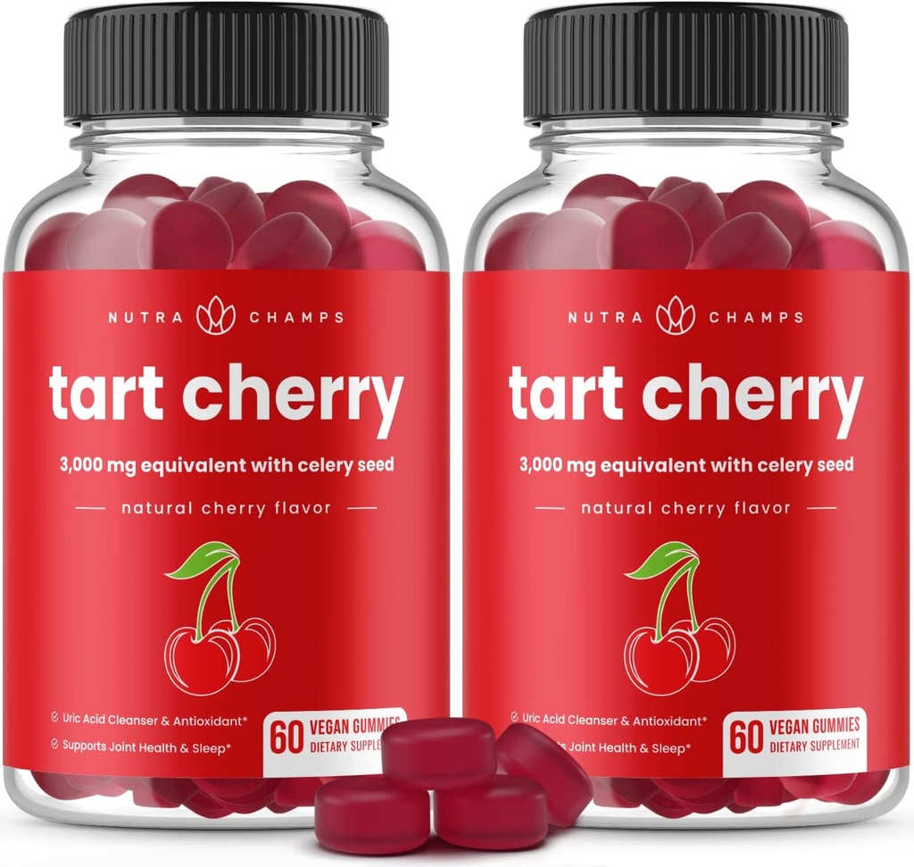 NutraChamps Tart Cherry Gummies - 3000mg Tart Cherry Extract med Sellery Seed - Uric Acid Cleanse Supplement - Antioxidant, Joint Comfort, Fleksibilitet, immunforsvar, søvn - 60 Vegansk Gummies (2 - Pack)