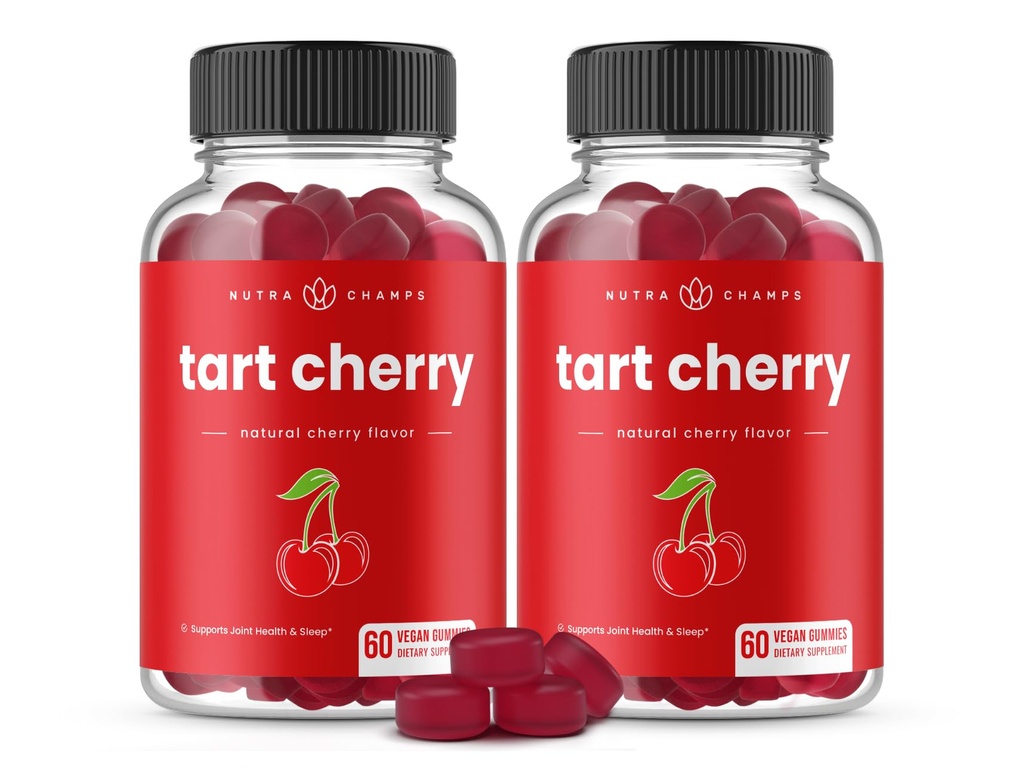 NutraChamps Tart Cherry Gummies - 3000mg Tart Cherry Extract med Sellery Seed - Uric Acid Cleanse Supplement - Antioxidant, Joint Comfort, Fleksibilitet, immunforsvar, søvn - 60 Vegansk Gummies (2 - Pack)