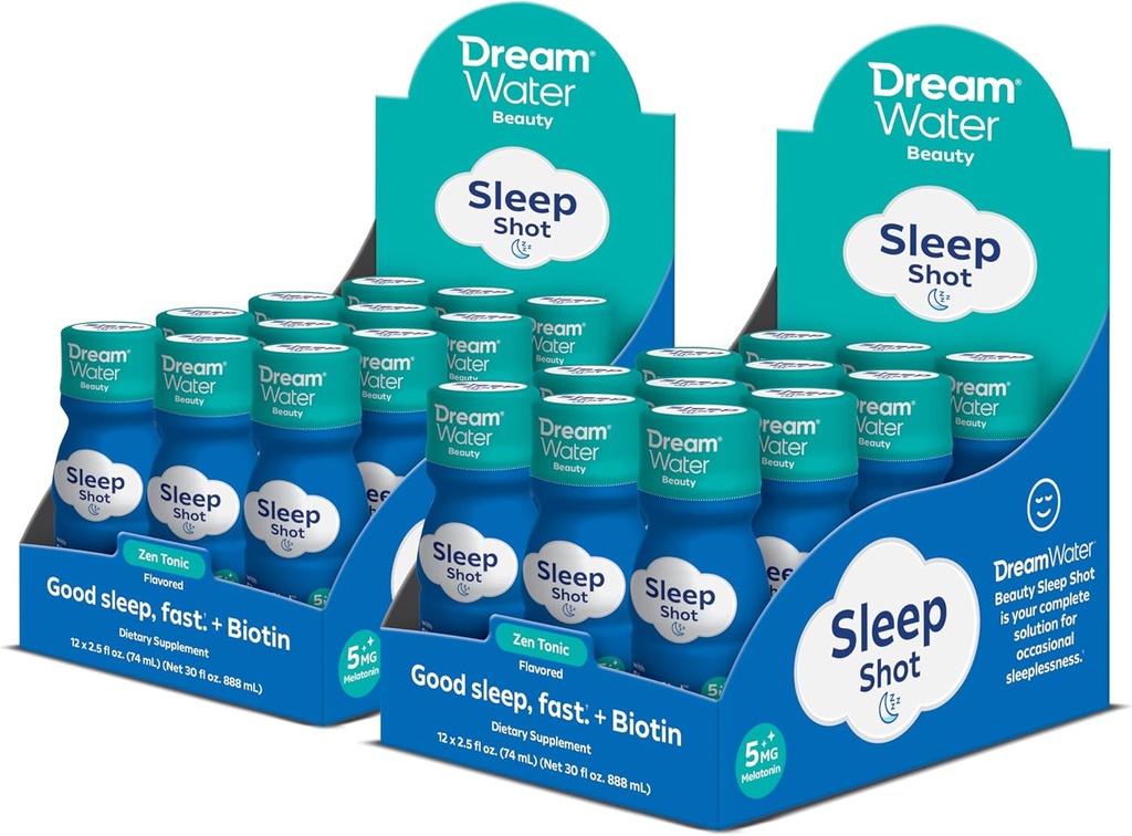 Dream Water Beauty Sleep Aid Drikke Supplement; Melatonin 5mg, GABA, 5-HTP, Plus Biotin for sund hud, hår og negle; 2,5 oz flydende dvalesko, Zen Tonic 24-greve