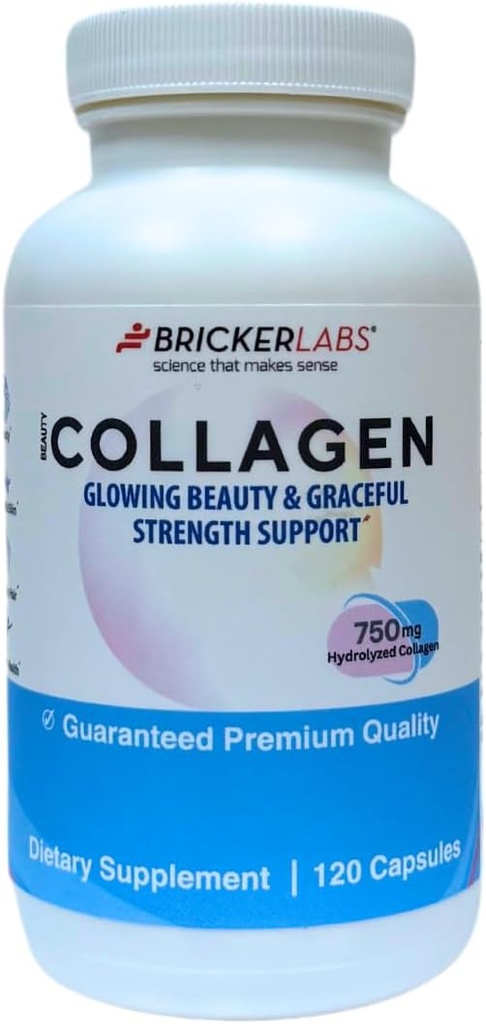 Bricker Labs Collagen til mænd og kvinder - type I, III Hydroliseret Collagen Supplement 750mg, 1 Collagen Capsule Daily - 120 Servering