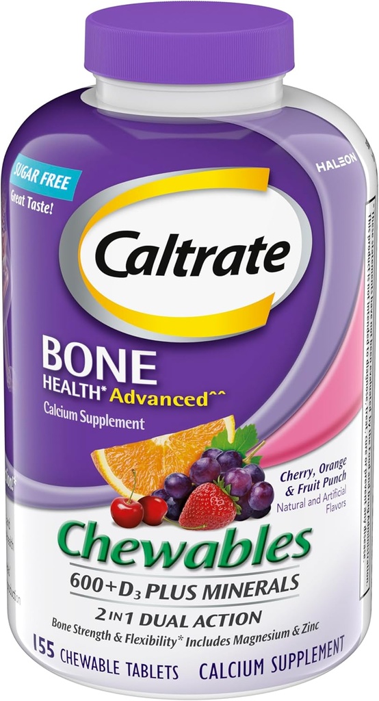Caltrat Chewables 600 + D3 Plus mineral Calcium og D-vitamin, Sukker fri, Cherry, Orange og Frugt Punch, 155 tæller