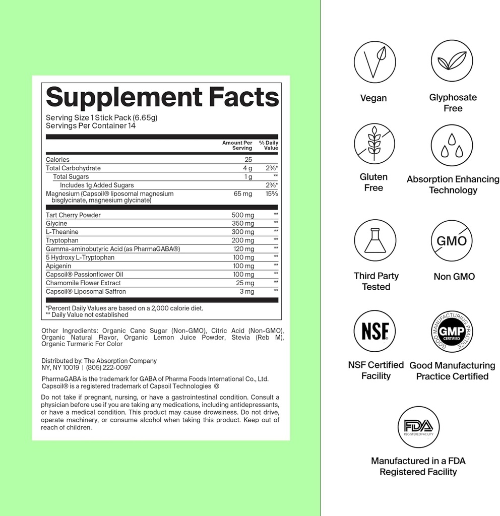 Søvnhjælp pulver - Calming drink til dyb søvn med liposomal safran, Magnesium & PharmaGABA Melatonin- Gratis naturligt supplement til at reducere stress og forbedre søvnkvalitet kamille Lemonade 28 sticks