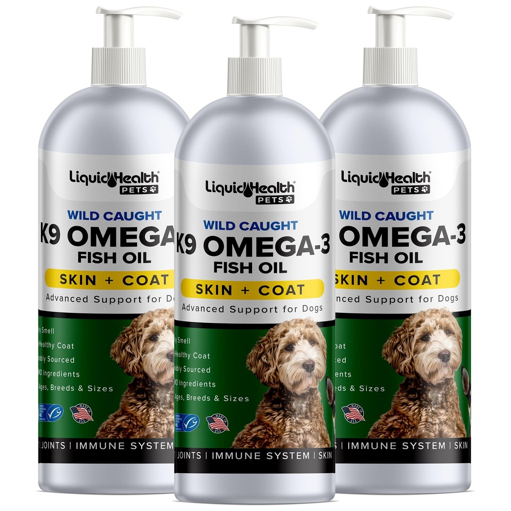 Flydende sundhed Kæledyr K9 Omega 3 Fish Oil for Dogs - Flydende Omega 3 Supplement til Kæledyr med EPA + DPA + DHA - Reducer kløen & skænkning, Support Joints, Immunity, Brain, Heart Health - USA Made (3 Pack)