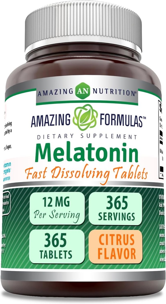 Amazing Formulas Melatonin Fast Opløsning Support 124; Citrus Flavor • 124; 12 Mg Per Serving • 124; 365 tabletter • 124; Non- GMO • 124; Gluten Free • 124; Fremstillet i USA