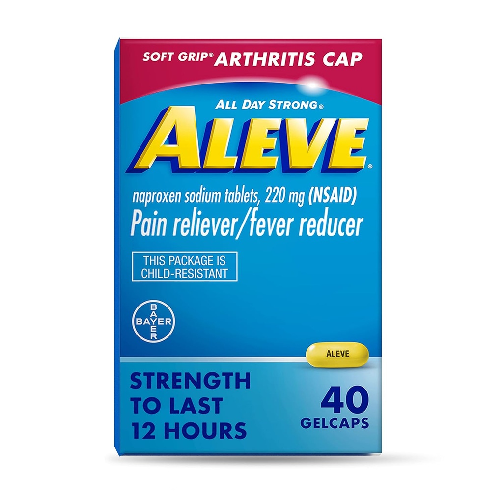 Aleve Gelcaps med Soft Grip ® Cap, Naproxen Natrium, smertestillende medicin, 40 Greve