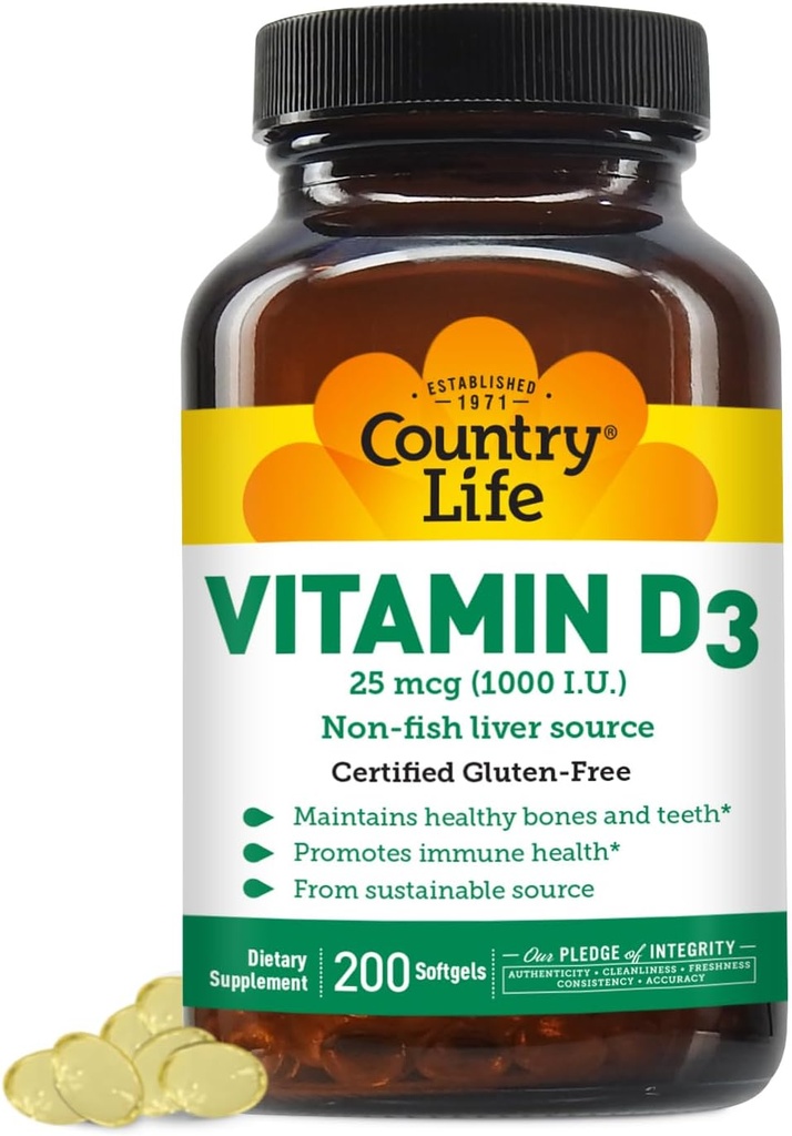 Country Life Vitamin D3 1000 IE Soft Gels, Large, 200 g, 200 greve