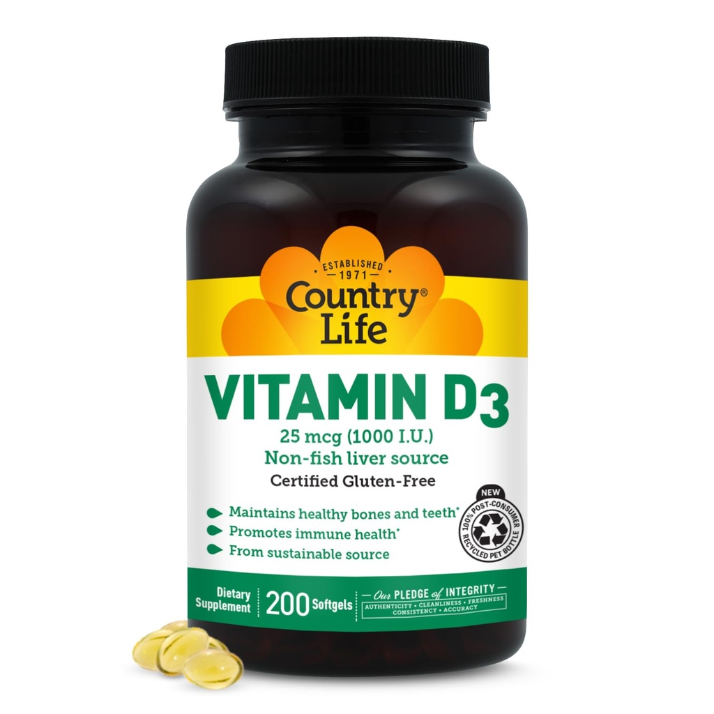 Country Life Vitamin D3 1000 IE Soft Gels, Large, 200 g, 200 greve