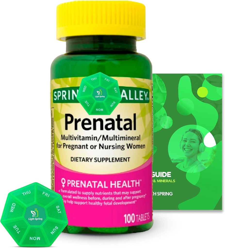 Prenatal Multivitamin / Multimineral 100 tabletter med Bundle Eksklusive vitaminer og mineraler - A til Z -Bedre Ligth & Spring Guide + Ugentlig Pill Organizer (3 elementer)