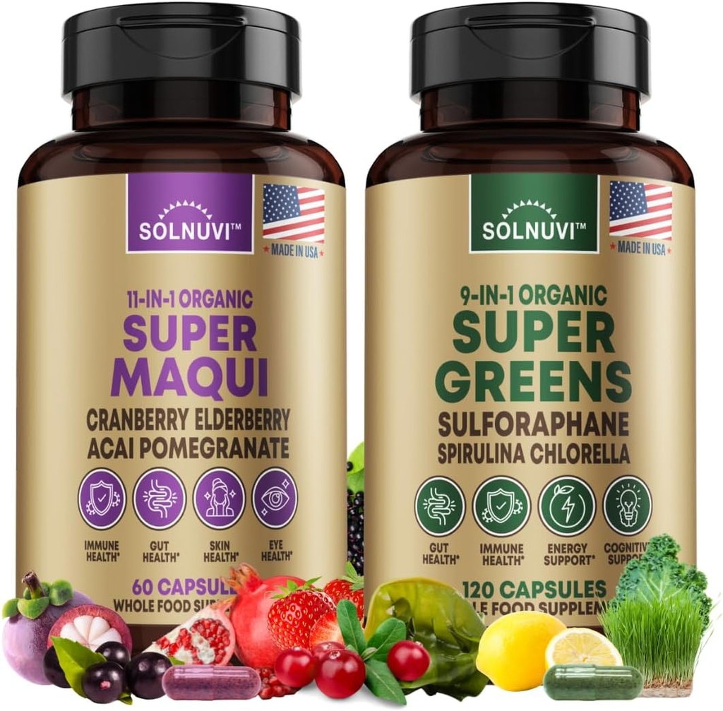 All in One Superfood Bundle - Super Maqui Berry & Super Greens - Gut Health, Immun, Skin, Wellness Support - Ikke GMO, Gluten Free, Vegansk Kosttilskud