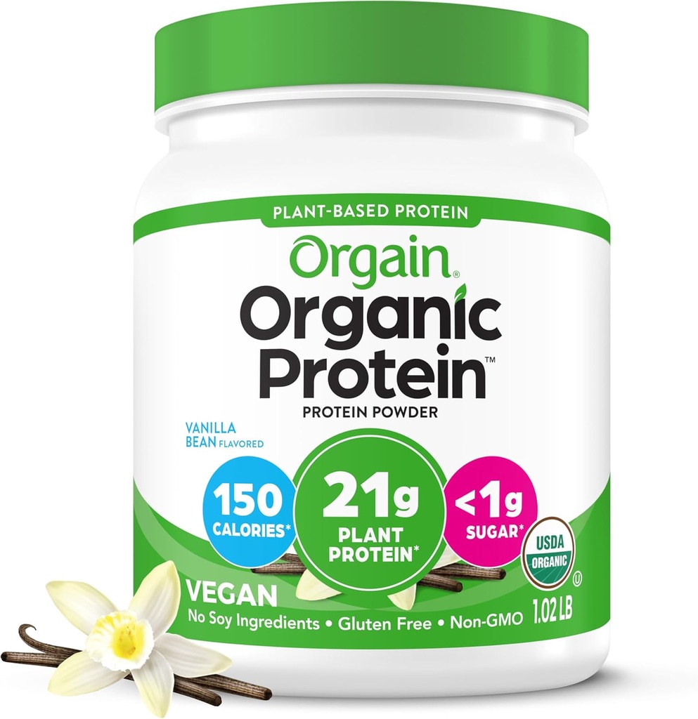 Orgain Organic Vegan Protein Powder, Vanilla Bean - 21g Plant Based Protein, 4g Prebiotic Fiber, Ingen laktoseingredienser, Ingen tilsat sukker, Non- GMO, For Shakes & Smoothies, 1.02 lb (Packaging May Vary)
