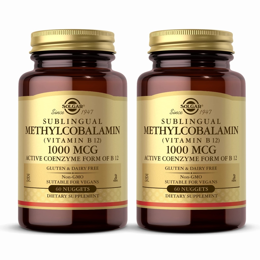 Solgar Methylcobalamin (vitamin B12) 1000 mcg - 60 Nuggets, Pack of 2 - Understøtter energi Metabolisme - non-GMO, Vegan, Gluten Free, Dairy Free, Kosher - 120 Total Servering