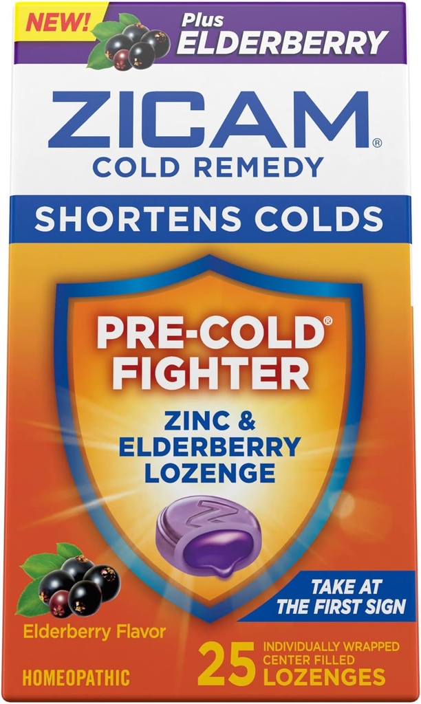 Zicam Cold Remedy Zink Lozenges, Elderberry Flavor, Homøopatisk, Sodhes Sore Hals and Houghs, Cold Shorting Medicine, Shortens Cold Varighed, 25 Greve