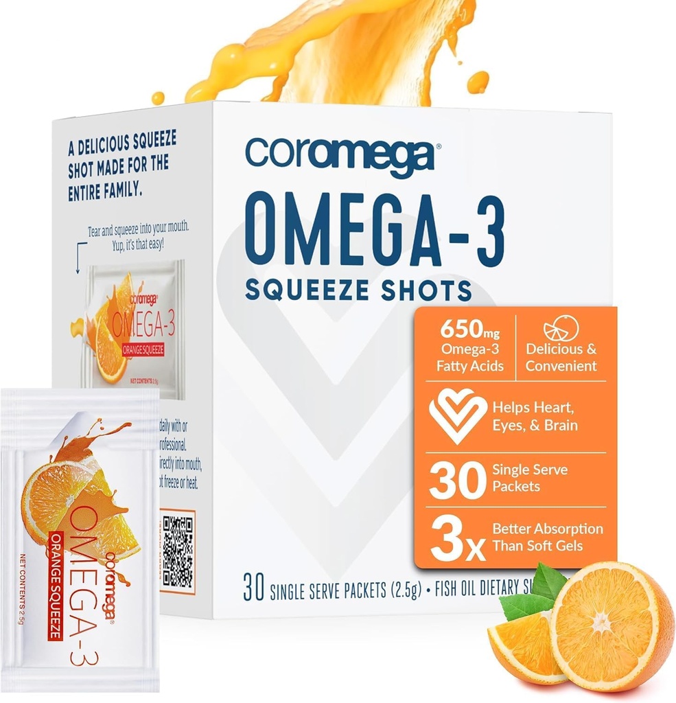 Coromega Omega 3 Fish Oil Supplement, 650mg Omega- 3s med 3X bedre Absorption End Softgels, Orange Flavor, 30 Single Serve Squeeze Pakninger