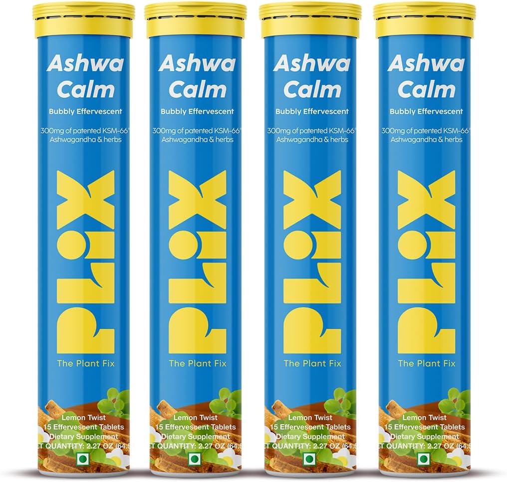PLIX - PLANTEN FIX KSM- 66 Ashwagandha 300mg Effervescent Kosttilskud til Stress, Mood & Energy Support med vitamin D3 & Brahmi - 60 Vegan, Non- GMO, Glutenfri tabletter, pakke med 4
