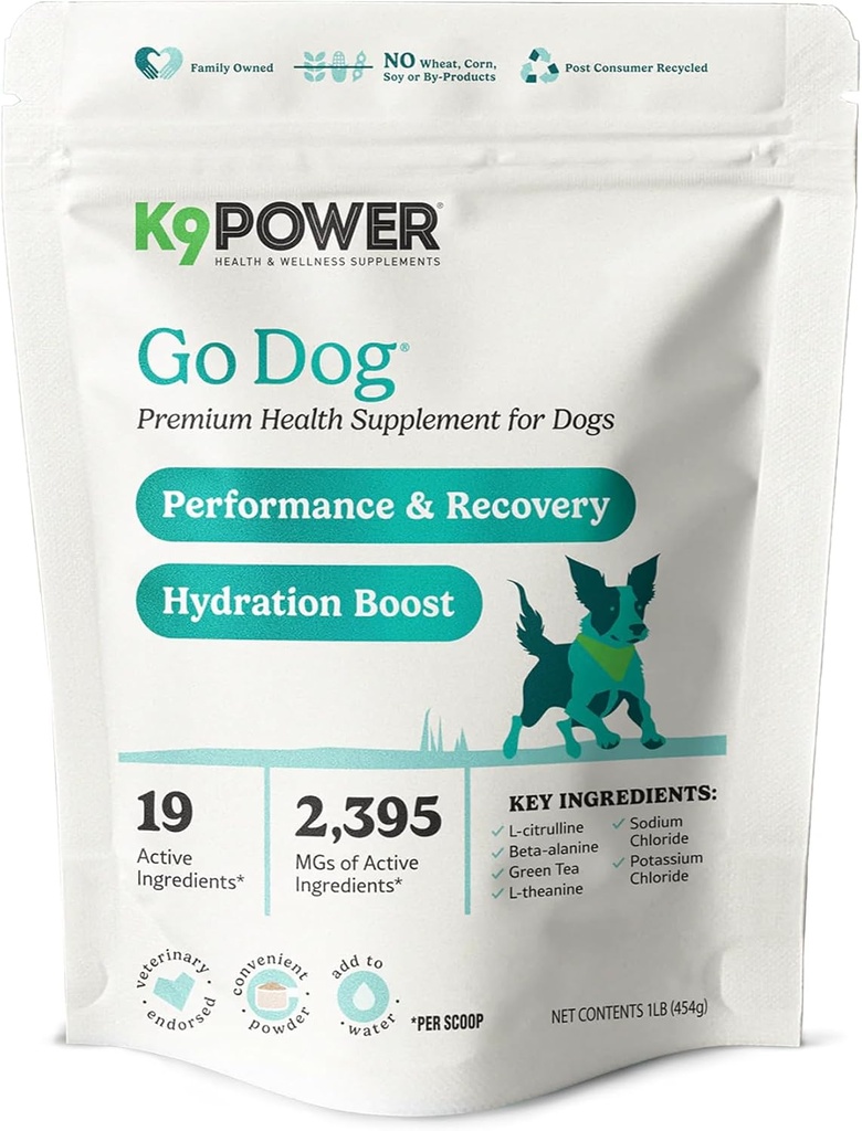K9 Power Go Hund Hydration & Performance Drink Mix 1 LB - Aktiv hund supplement til muskelfunktion, Endurance, Inddrivelse, med Electrolytes Support