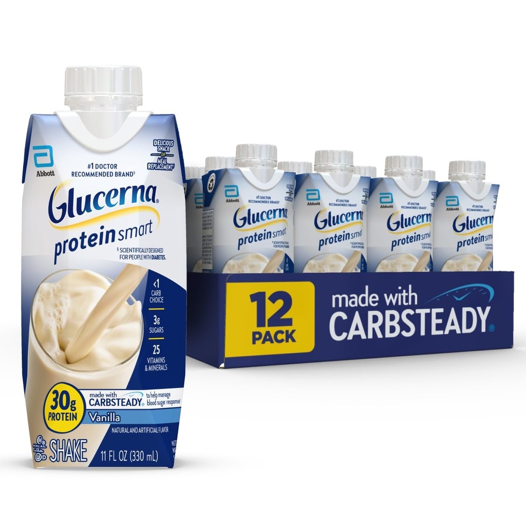 Glucerna Protein Smart Diabetes Care Shake, Vanilla, Diabetic Meal Erstatning til støtte for blod sukker management, 30g Protein, 150 kalorier, Klar til at drikke, 11-fl- oz flaske, 12 Pack