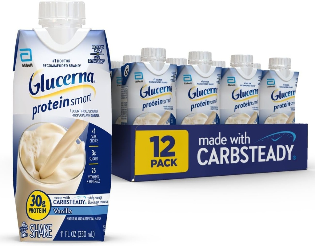 Glucerna Protein Smart Diabetes Care Shake, Vanilla, Diabetic Meal Erstatning til støtte for blod sukker management, 30g Protein, 150 kalorier, Klar til at drikke, 11-fl- oz flaske, 12 Pack
