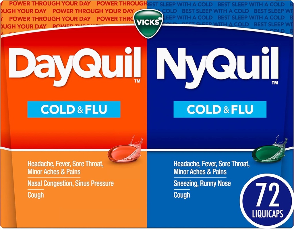 Vicks DayQuil & NyQuil Co- Pack, Cold & Flu Medicine, Kraftfuld Multisymptom Daytime & Nighttime Relief for Hovedpine, Fever, Sore Throat, Minor Aches & Pains, & Hough, 72ct