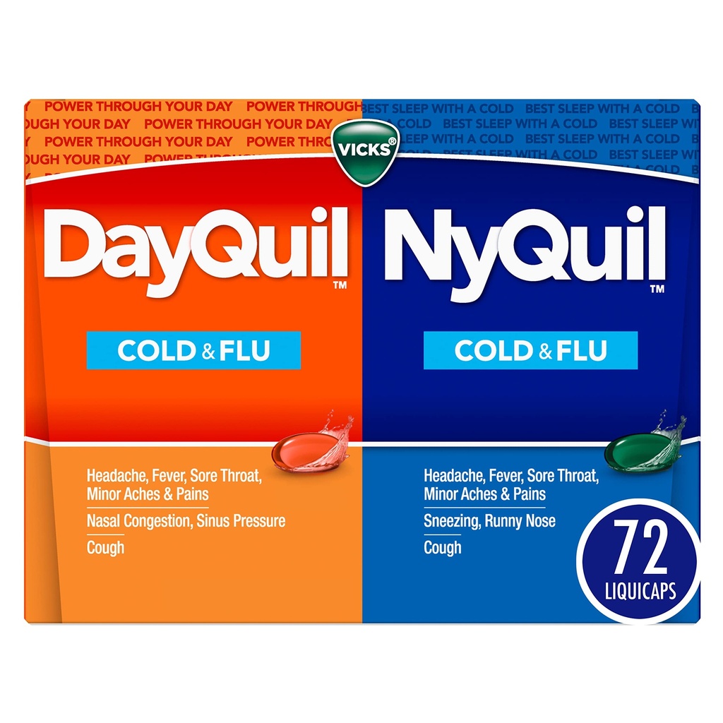 Vicks DayQuil & NyQuil Co- Pack, Cold & Flu Medicine, Kraftfuld Multisymptom Daytime & Nighttime Relief for Hovedpine, Fever, Sore Throat, Minor Aches & Pains, & Hough, 72ct