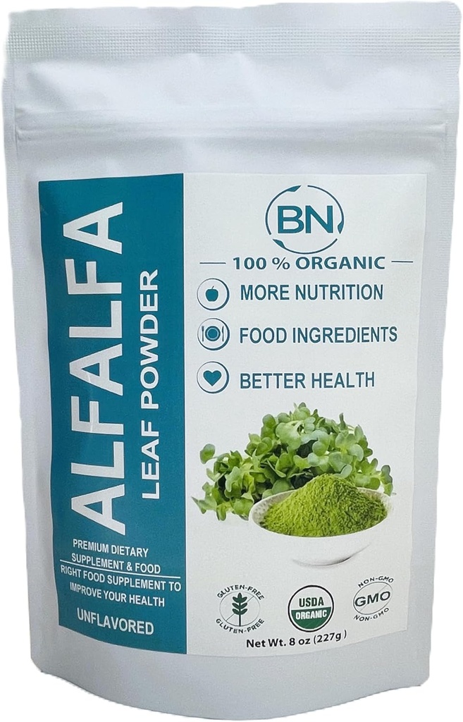 Alfalfa Leaf Powder - Grøn Superfood supplement til drikkevarer, te, shakes, Vegan, Gluten Free, Non GMO, Kosher