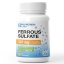 Puregen Labs Ferrosulfate 325 mg (65 mg Elemental Iron) højpotens Iron Supplementet 124; Ingen kunstige farve tilsætningsstoffer - 200 tabletter Made in USA