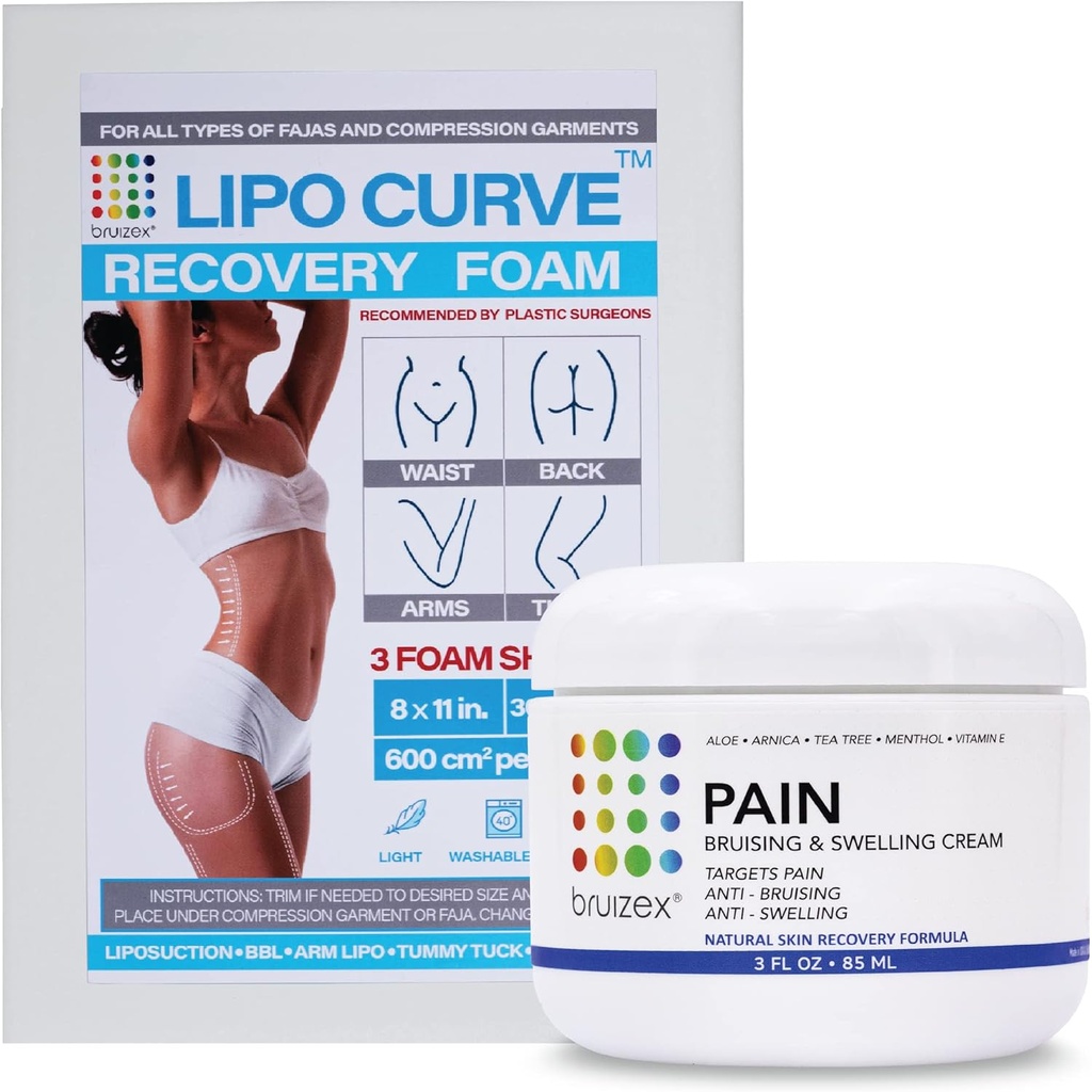 Arnica Montana Bruising & Hævelse Cream & LipoCurve Foam Post Kirurgi Pads Bundle, for Liposuction Post Kirurgi Inddrivelse & Lymplect Drainage