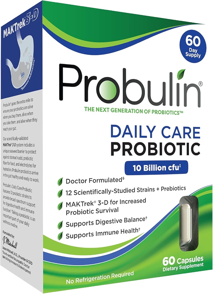 Probulin daglig pleje Probiotisk supplement, fordøjelsesbesvær, Gut, og immunforsvar support kapsler til mænd og kvinder, 10 milliarder CFU, Vegan, 60 Greve Box