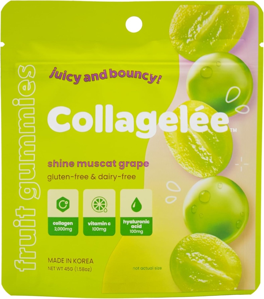 Collagelee Collagen Gummies - Marine Collagen Candy with Vitamin C, Hyaluronic Acid, & Biotin for Moisturized, Youthful, Plump Skin - Korean Collagen Snacks (Shine Muscat Grape)
