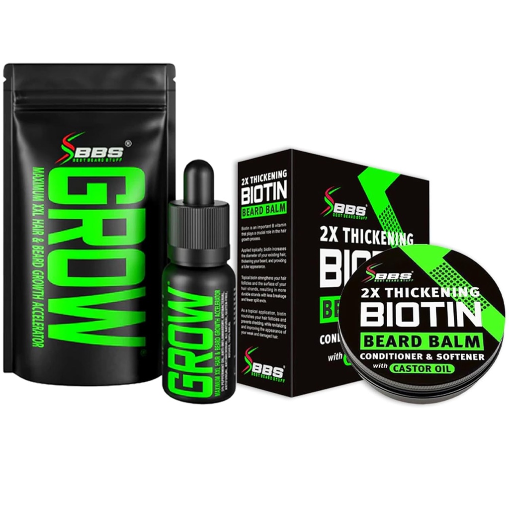 Beard Growth Kit w/GROW XXL Beard Oil/Serum for Facial Hair Growth for Men + 2X Thickening Biotin Mustache Wax & Balm for Men - Conditioner & Softener - Formulated in America