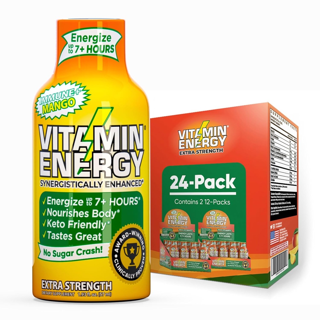 Vitamin Energy Immune+ Extra Strength Energy Shot Mango 24 Pack, 260mg Natural Caffeine, B-Vitamins, Citicoline, Green Tea, Immunity & Focus Support, Zero Sugar, Gluten-Free 1.93 fl oz