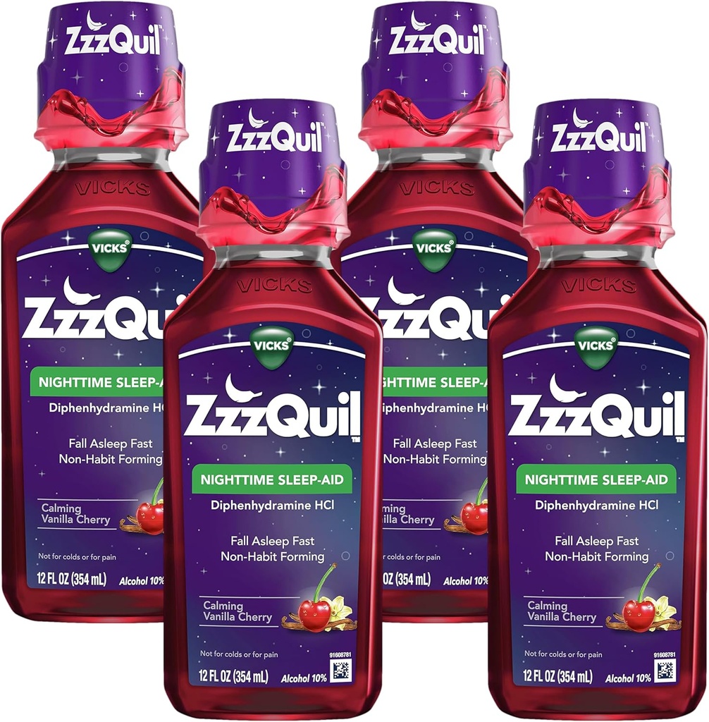 ZzzQuil, Nighttime Sleep Aid Liquid, 50 mg Diphenhydramin HCl, No.1 Sleep- Aid Brand, Calming Vanilla Cherry Flavor, Non- Habit Forming, 12 FL OZ (pakke med 4)